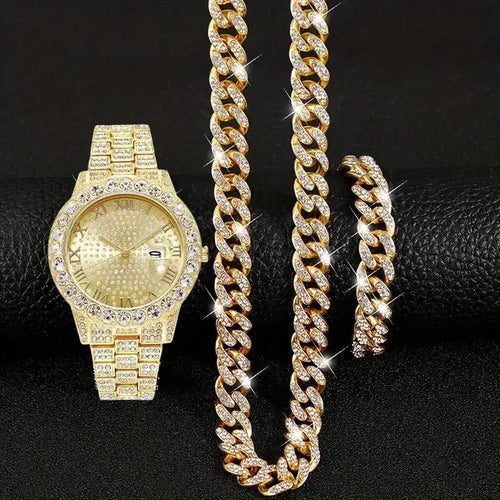 3pcs/set Mens Fashionable Dial Quartz Calendar Watch with Rhinestone Chain - Stylish Zinc Alloy Case and Strap