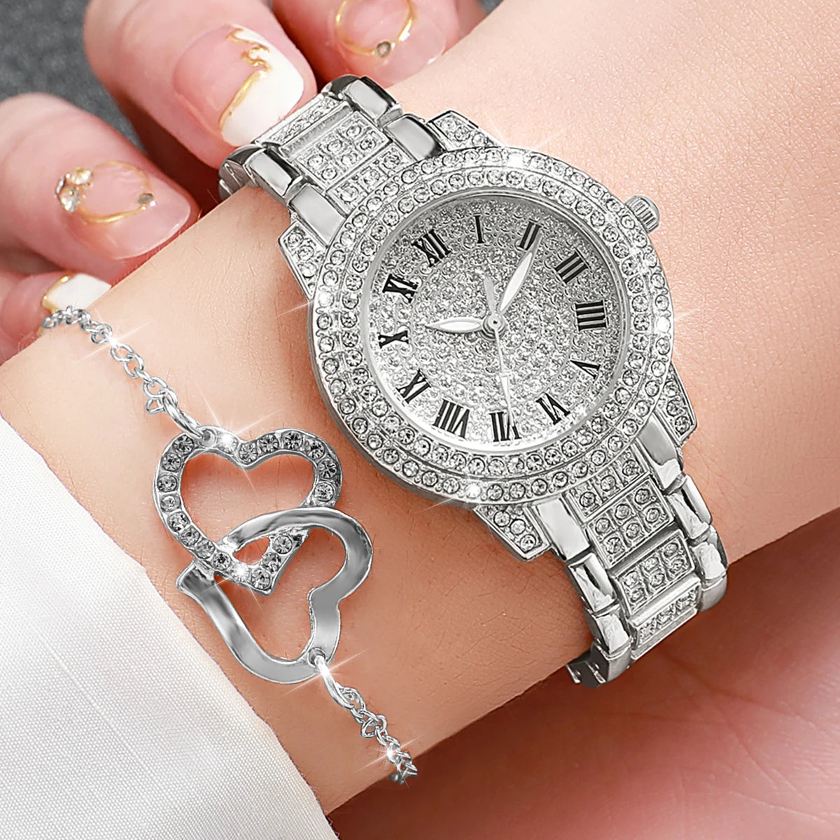 6pcs/set Women Luxury Silver Stainless Steel Band Diamond Quartz Watch with Heart-shaped Jewelry Set
