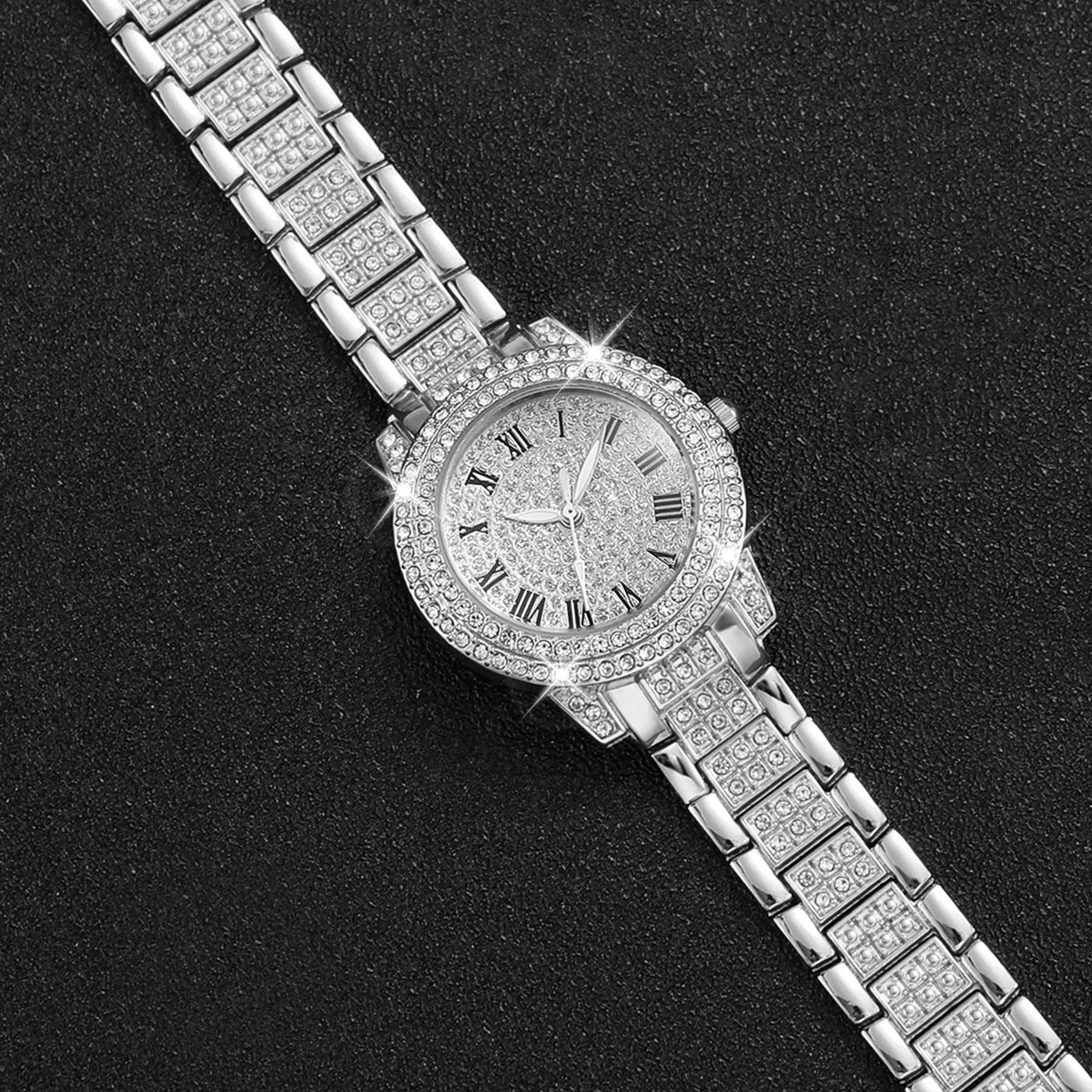 6pcs/set Women Luxury Silver Stainless Steel Band Diamond Quartz Watch with Heart-shaped Jewelry Set