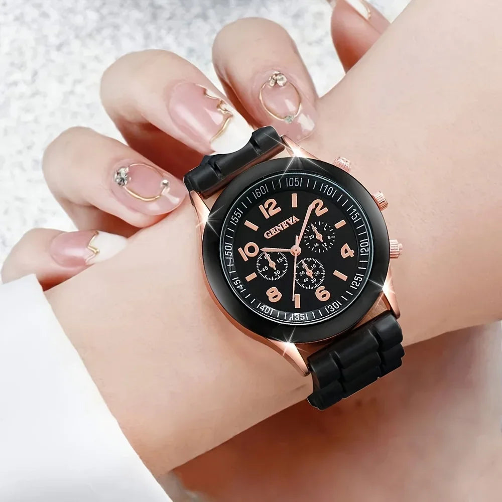 2Pcs Luxury Women's Watch Set Fashion Luxury Elegant Alloy Wristwatch Silicone Strap Couple Watch Men Quartz Holiday Gifts