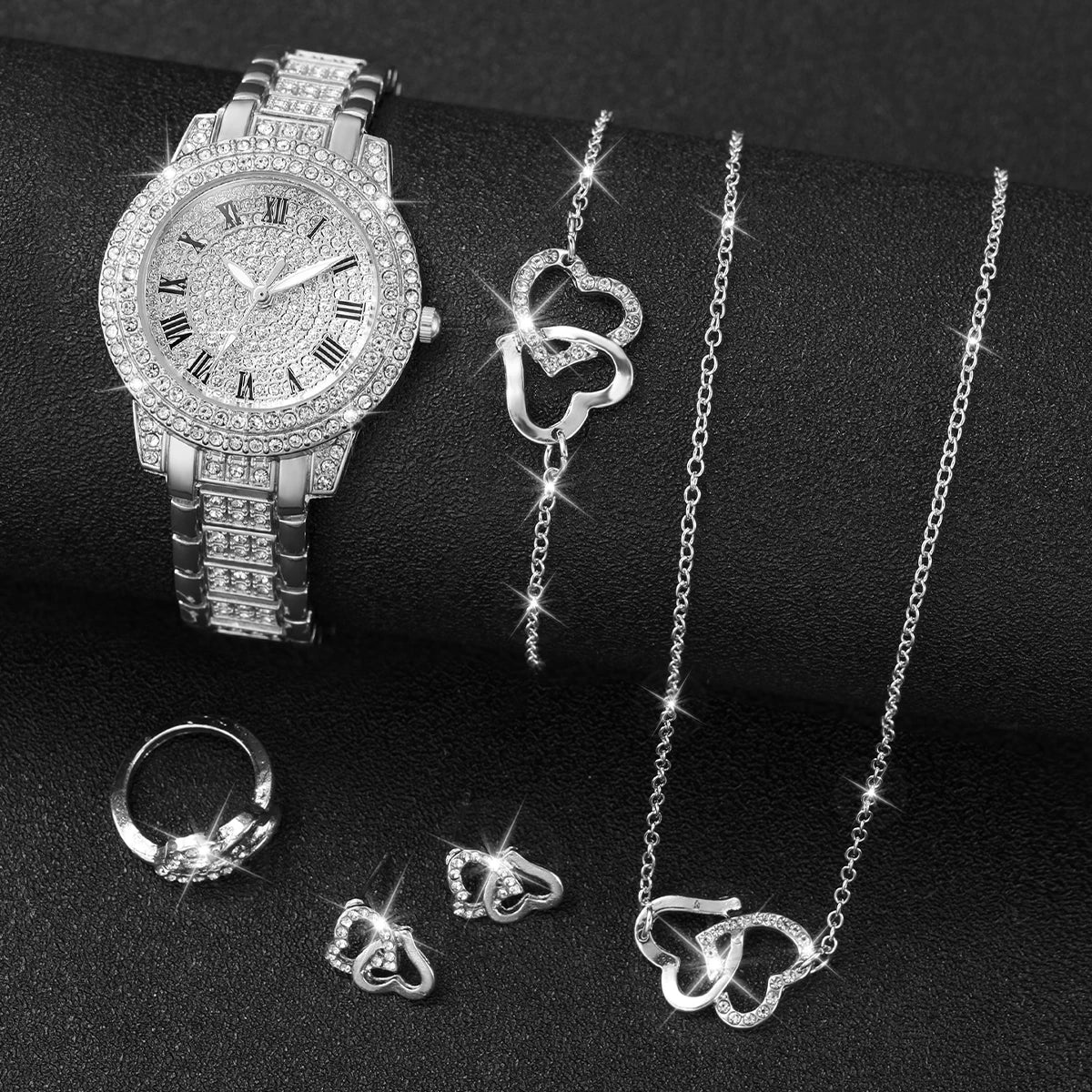 6pcs/set Women Luxury Silver Stainless Steel Band Diamond Quartz Watch with Heart-shaped Jewelry Set
