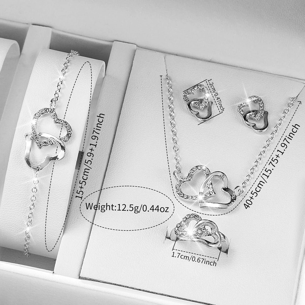 6pcs/set Women Luxury Silver Stainless Steel Band Diamond Quartz Watch with Heart-shaped Jewelry Set