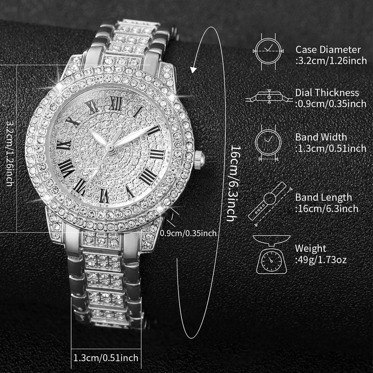 6pcs/set Women Luxury Silver Stainless Steel Band Diamond Quartz Watch with Heart-shaped Jewelry Set