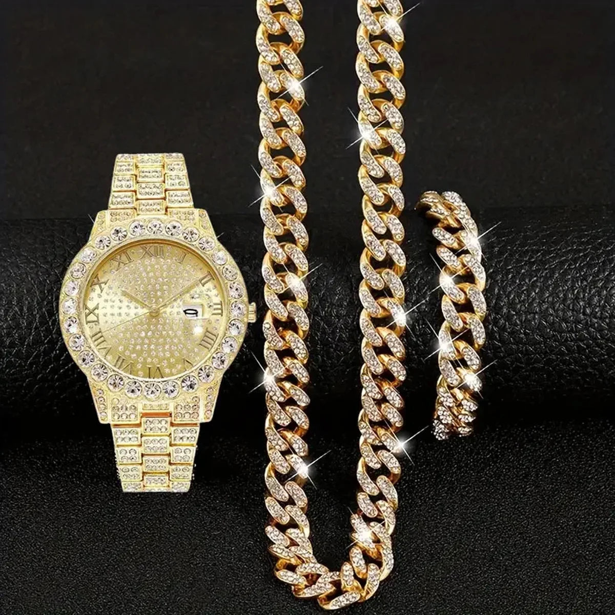 3pcs/set Mens Fashionable Dial Quartz Calendar Watch with Rhinestone Chain - Stylish Zinc Alloy Case and Strap