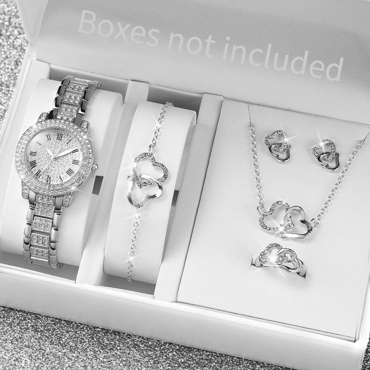 6pcs/set Women Luxury Silver Stainless Steel Band Diamond Quartz Watch with Heart-shaped Jewelry Set